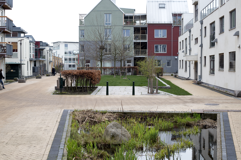  Moving water is channelled into central gardens where it soaks slowly back into the earth. 