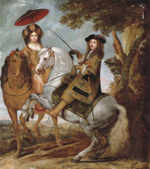 An Equestrian Portrait of an Elegant Gentleman and Lady in a Wooded Landscape, by Gonzales Coques, late 1600s. 