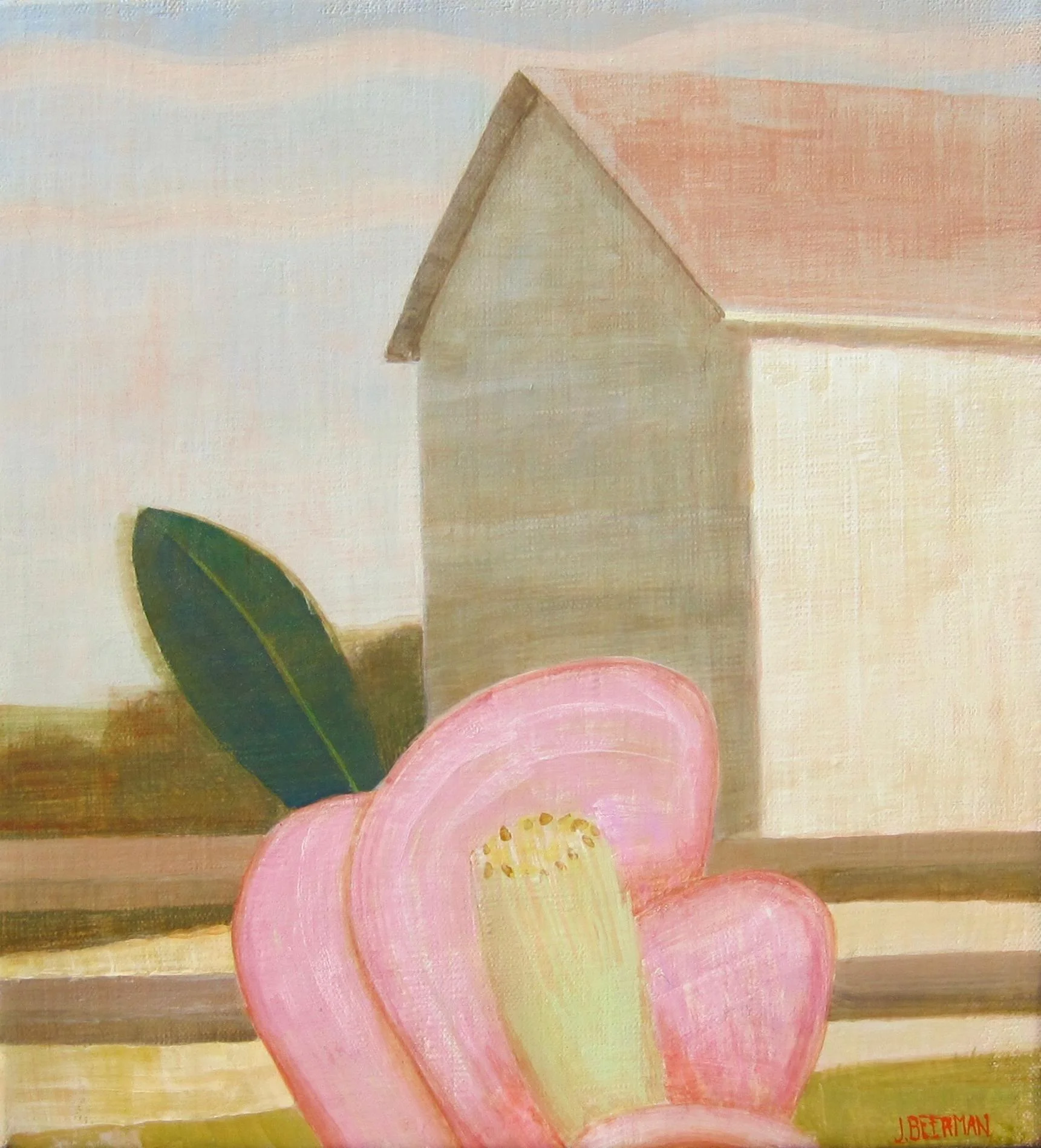 John Beerman "Camellia and Six Acre Parcel Barn," 12 x 11, Egg Tempera on Linen