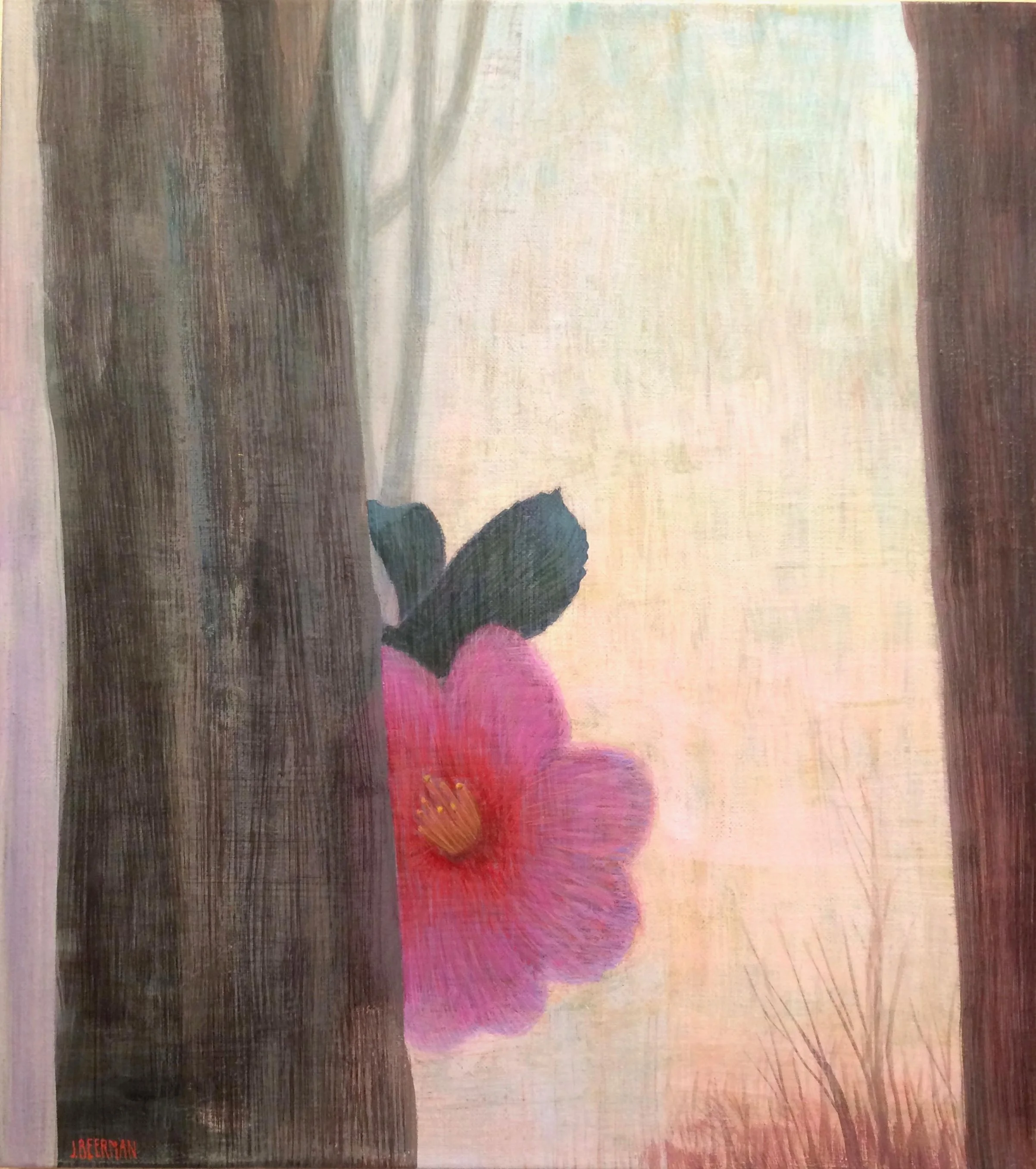 John Beerman "Red Camellia, Chatwood Mist," 18 x 16, Egg Tempera on Linen