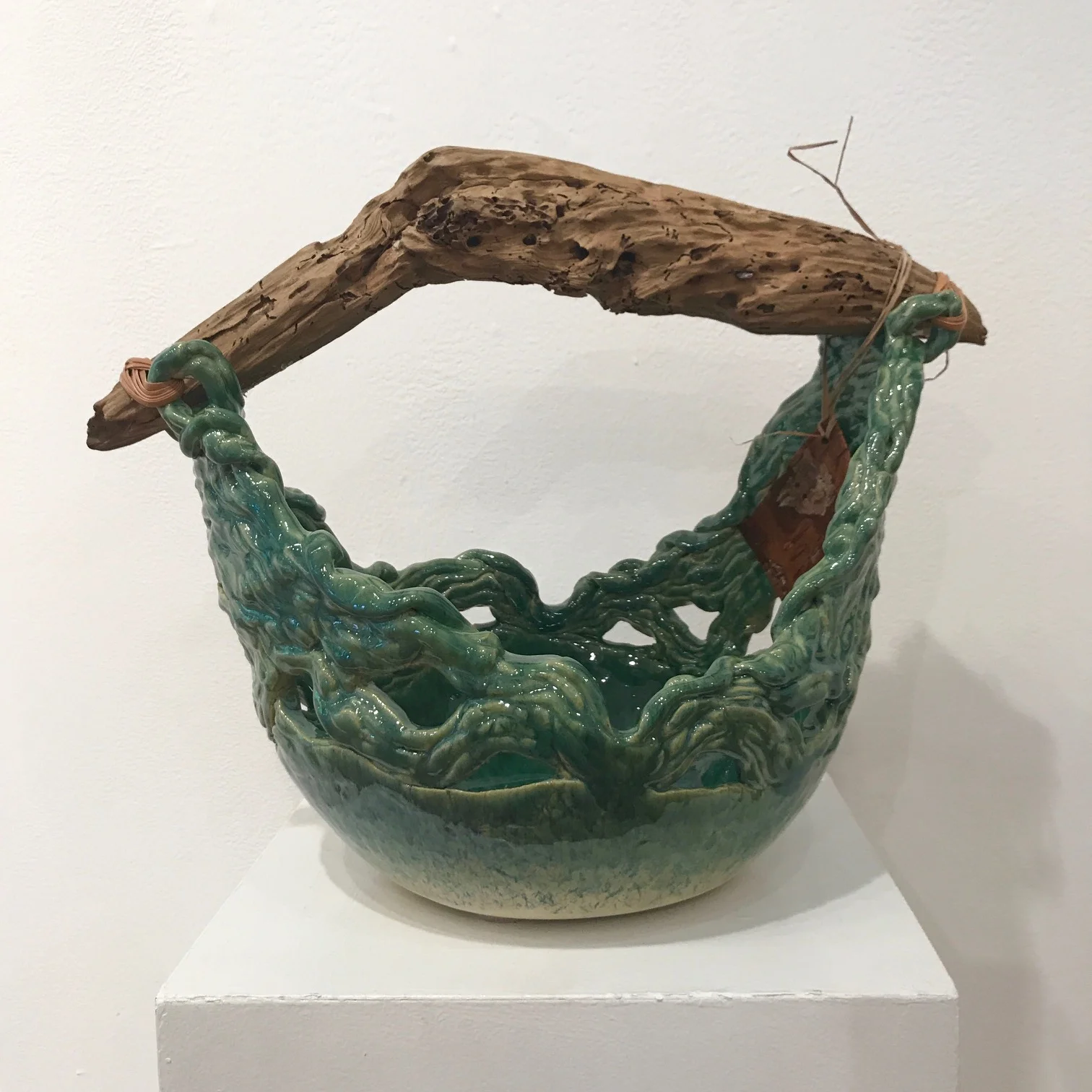 Blue Green Coiled Basket with Driftwood Handle