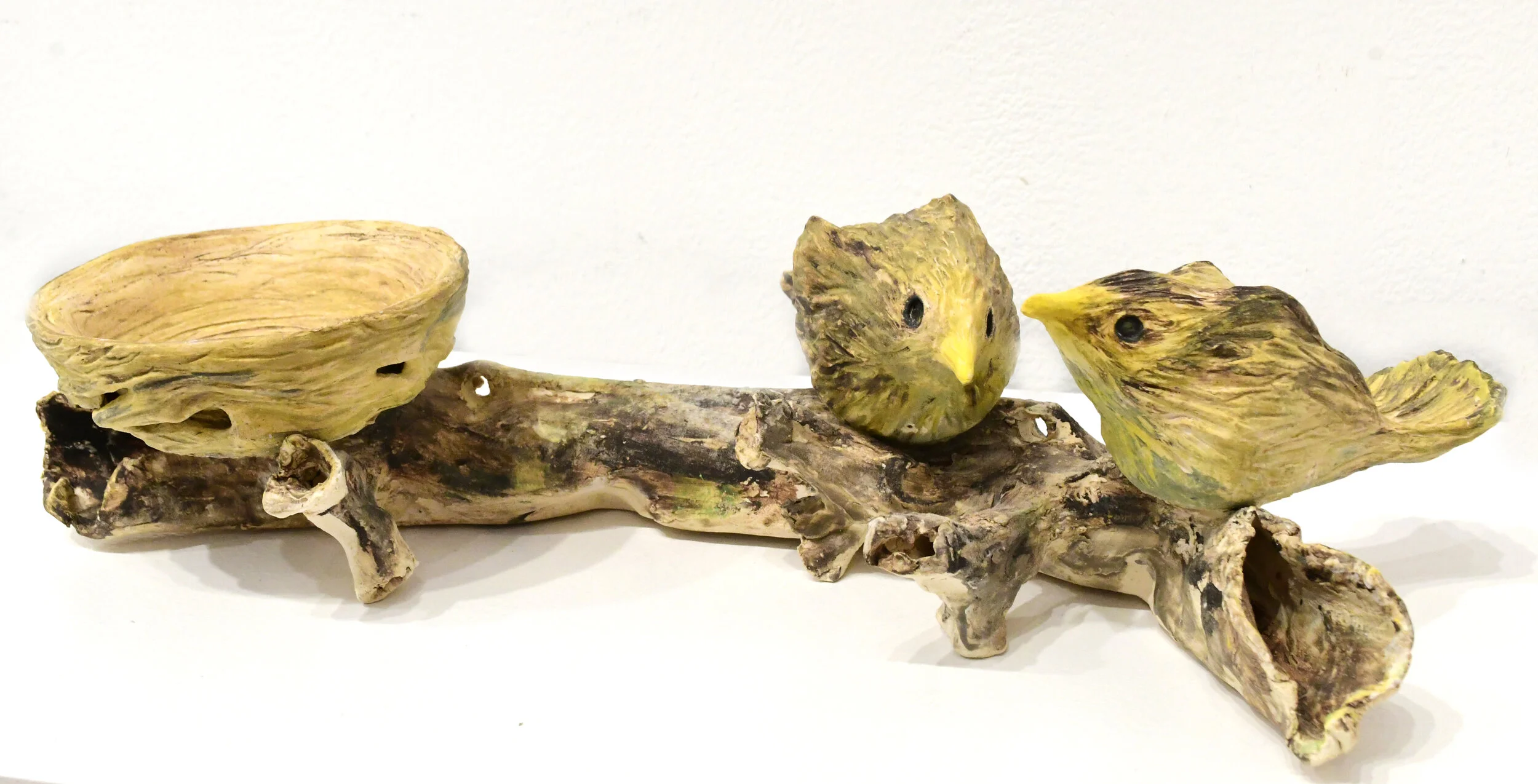 Two Yellow Birds on Branch with Nest $250.JPG