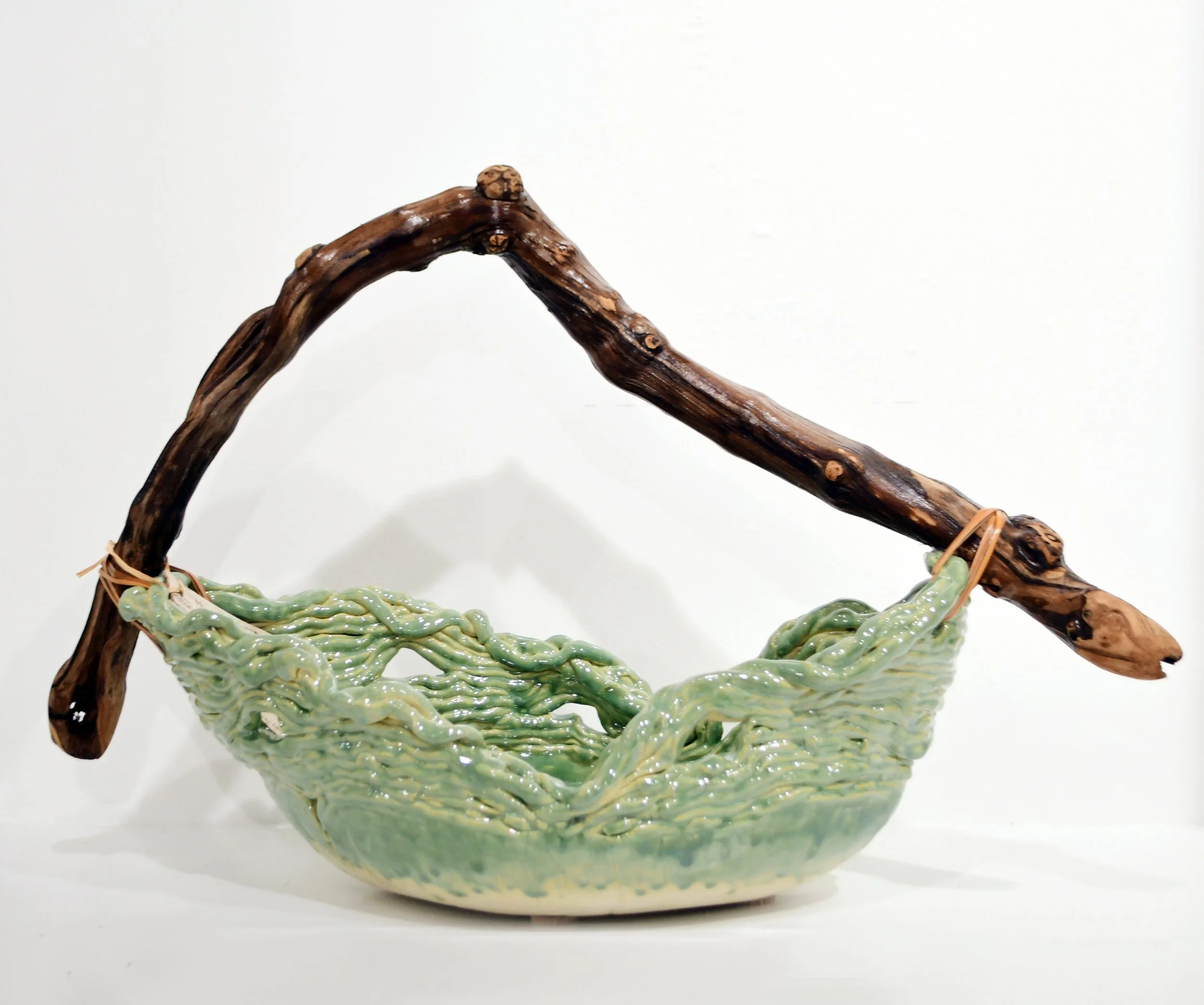 Metallic Green Basket with Grapevine Handle