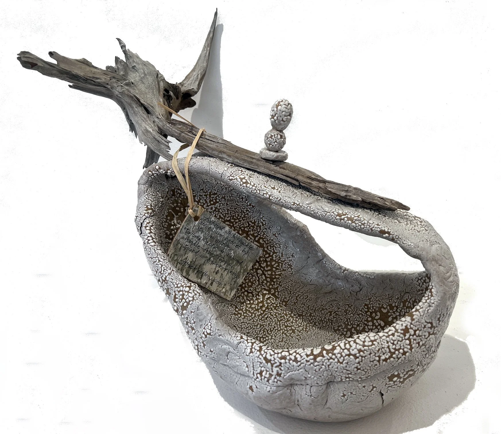 White Crackle Basket with Tortured Cedar Handle