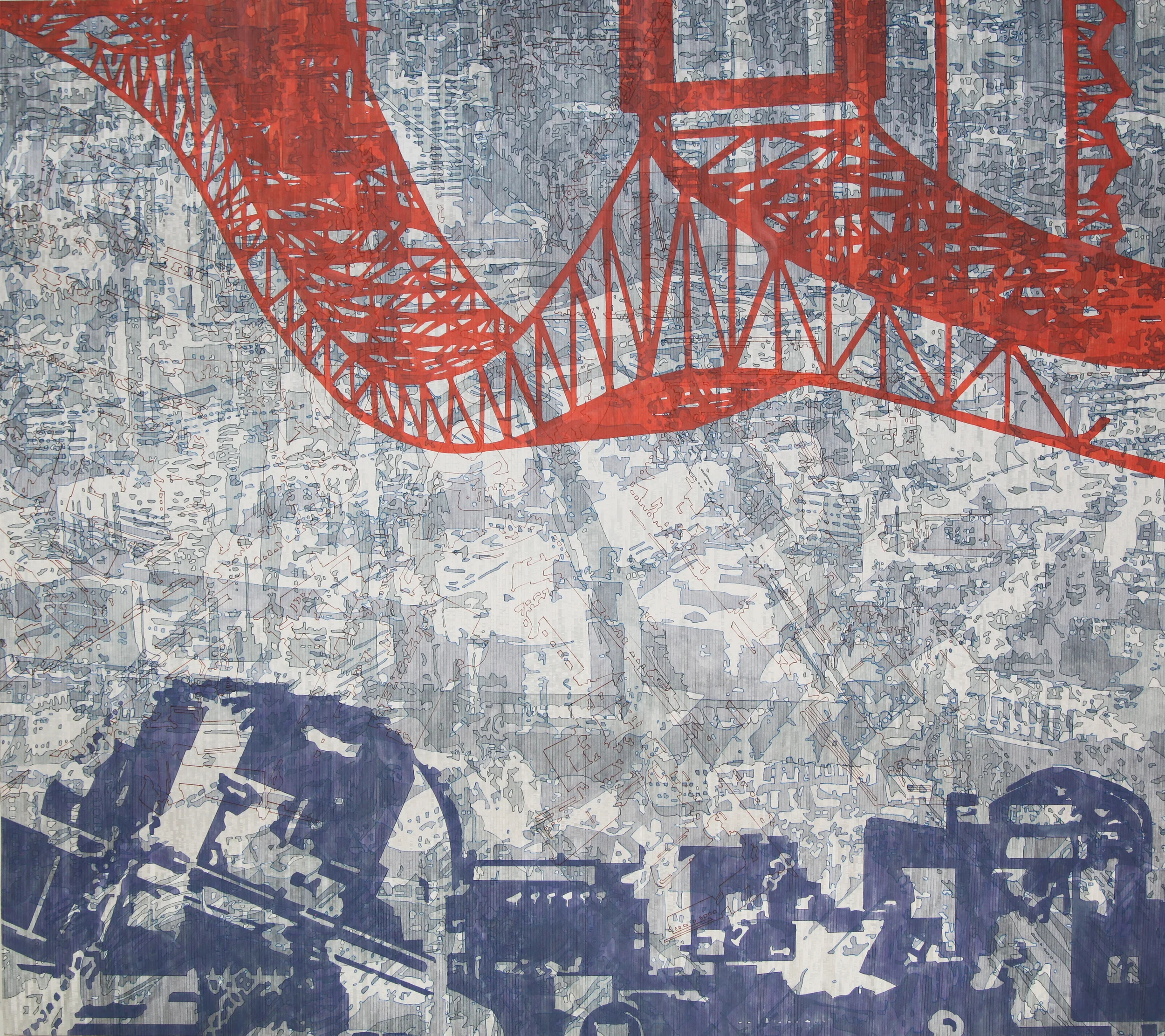 LAndmarks 2014 44"x42" Acrylic Ink on Paper, Cut and Rearranged Two city views of Frankfurt overlaid with L.A.'s Gerald Desmond Bridge and Getty Center footprint, connecting the two cities I had most recently traveled to.