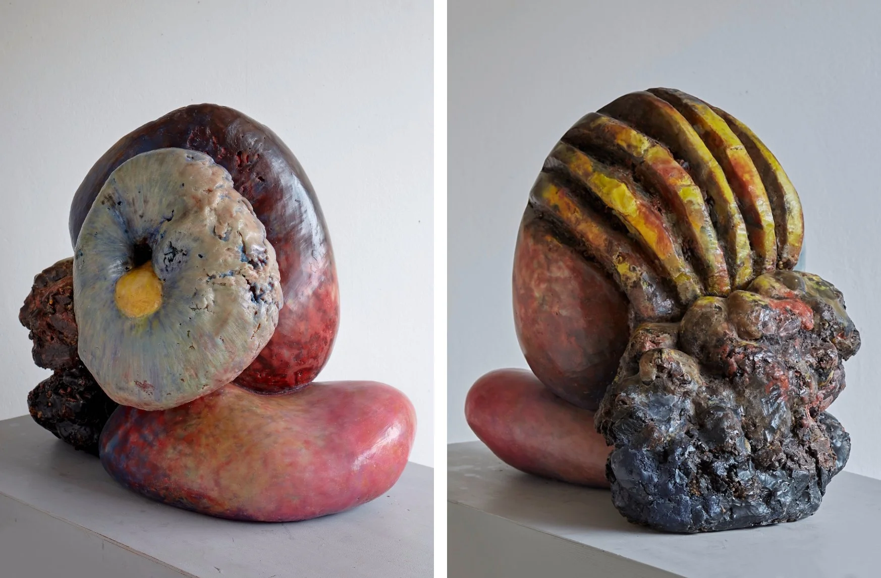 Fig. 7, `Zopf’(`Plait´), 2020 129 x 60 x 45 cm (43 x 53 x 38 cm) Pine cones, wax coloured with oil paint, found objects