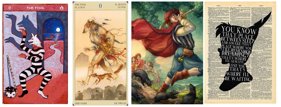 The Fool as Trickster - from left to right - The Tarot de St.Croix , The Native American Tarot , The Pied Piper by Elizabeth Alba , Peter Pan