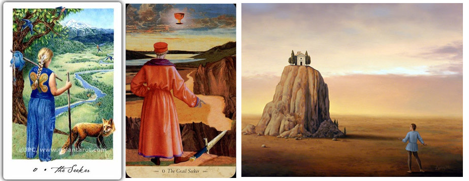 The Fool as Seeker - From left to right, Gaian Soul Tarot , The Grail Tarot , Wanderer by Jim & Lynn Lemyre 2010.