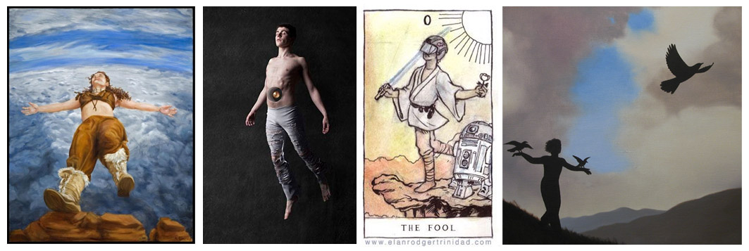 The Fool as The Leap of Faith - from left to right - Painting by Alissa Blaney , The Fool by Jak Flash , Luke Skywalker as the Fool by Elan Rodger , Learning to Fly by Jim & Lynn Lemyre.
