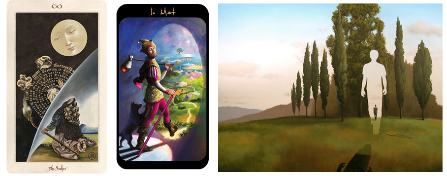 The Fool as Wanderer Between Worlds - left to right Pagan Otherworlds Tarot , Mon Tarot De Marseille by Tarotland , Threshold by Jim & Lynn Lemyre 2005.