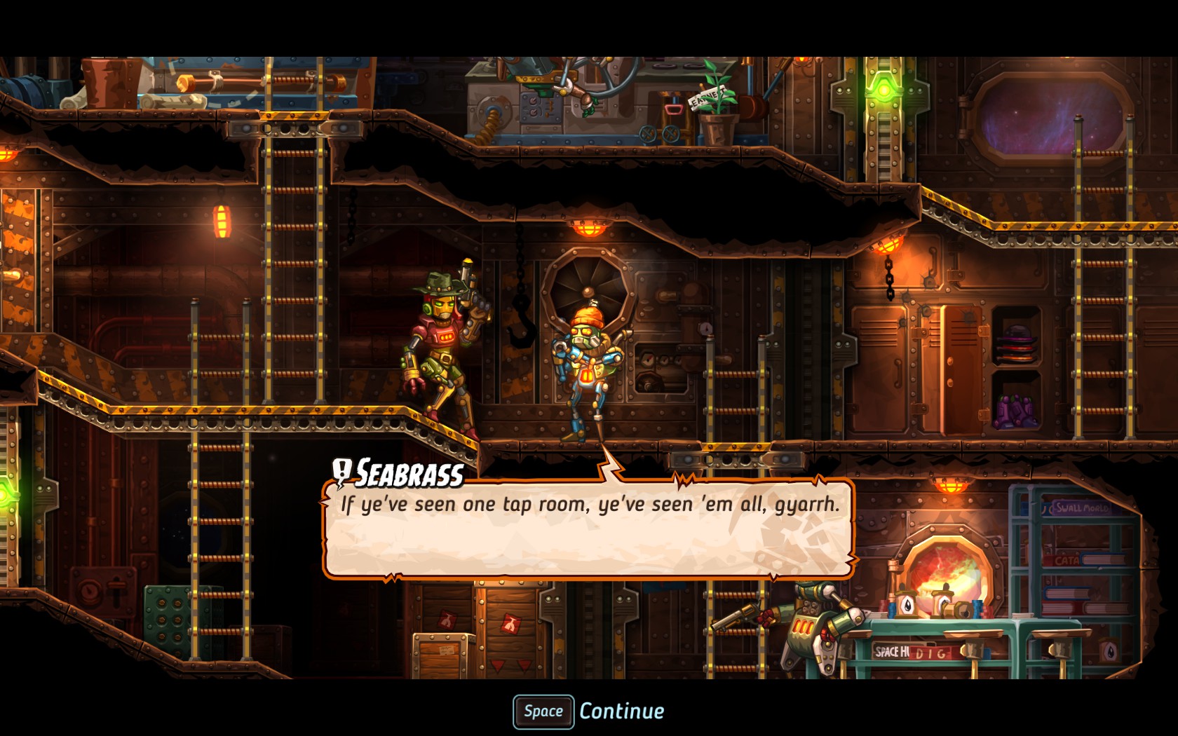 SteamWorld Heist has excellent dialogue and references SteamWorld Dig constantly.