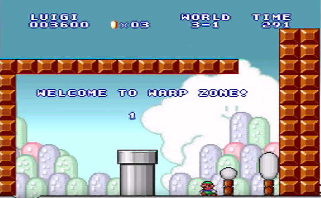 The infamous warp zone back to World 1. Luckily, the developers were nice enough to place that pit on the left for Mario or Luigi to fall into.