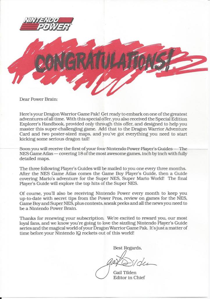 The famous letter that subscribers received when taking advantage of the Dragon Warrior promotion. (Image courtesy of NintendoAge.)
