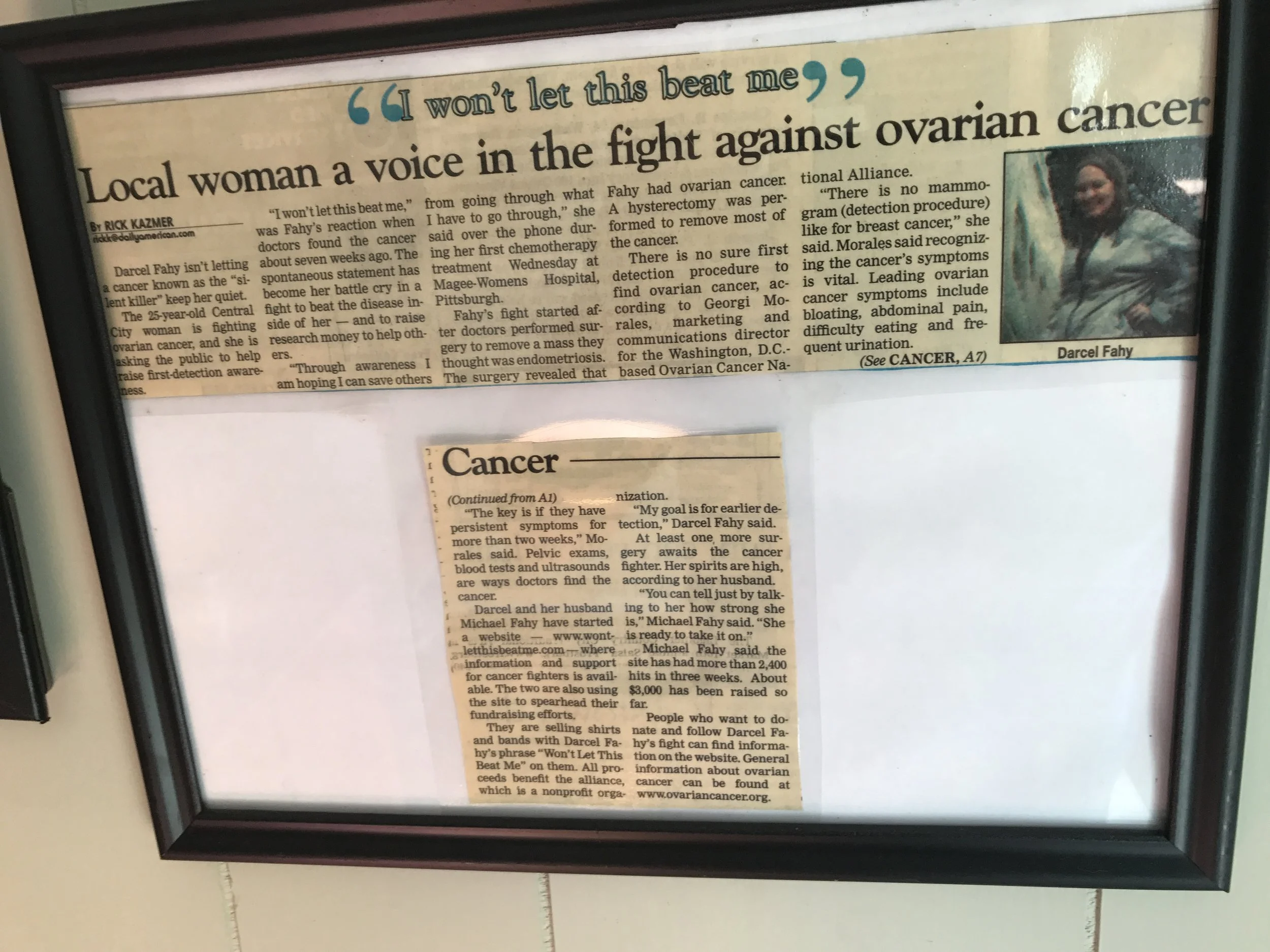 An article showing Darcel's motto and advocacy for awareness and defeat of ovarian cancer.