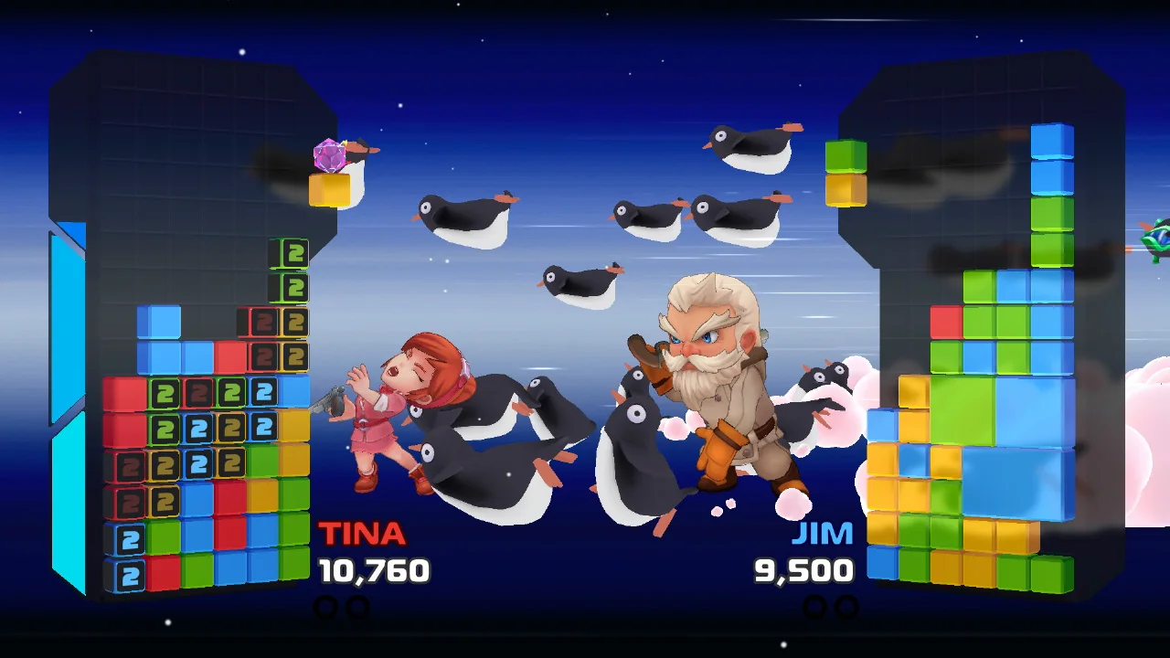 JIM’s Burst Attack features an army of penguins attacking his opponent TINA.