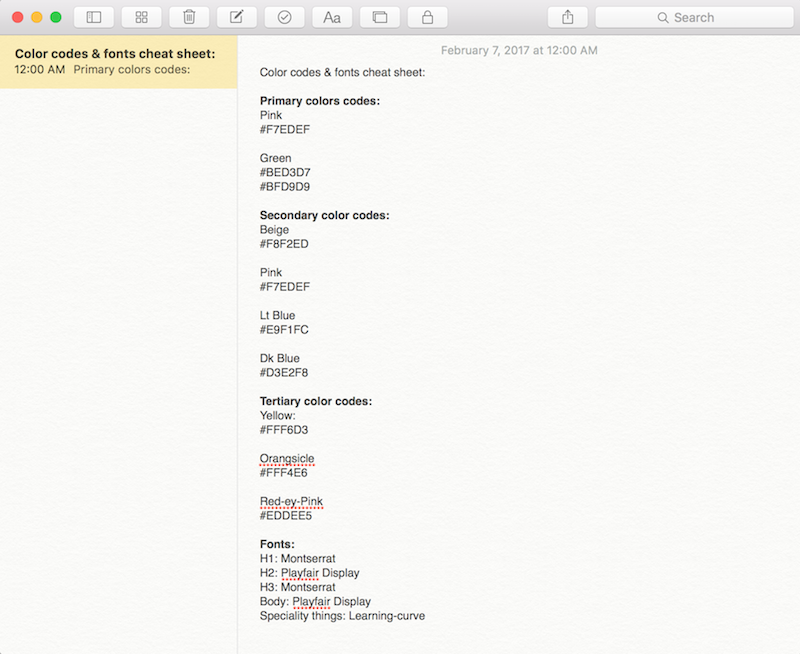 writing color codes & font list as prep for website design.png