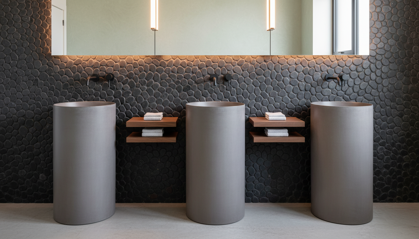 3 light grey pedestal sinks show in a minimalist japandi resort bathroom