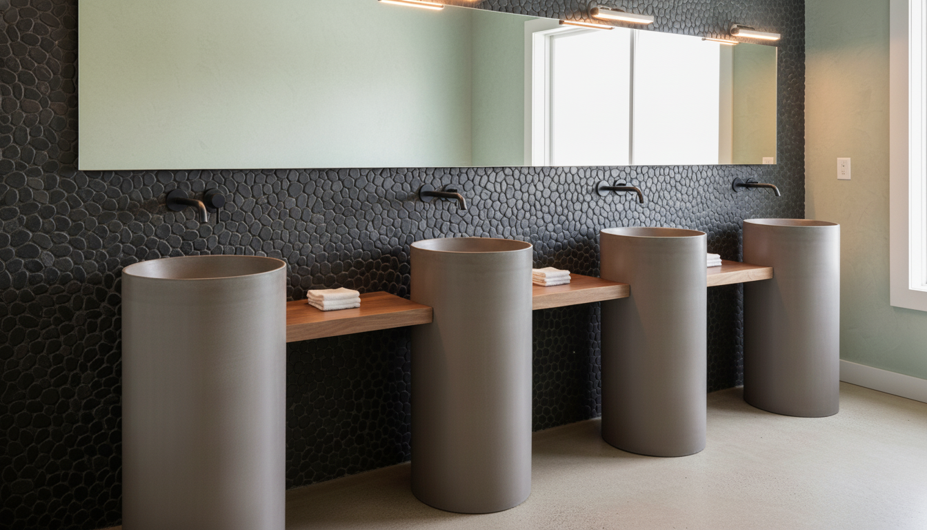 4 handmade concrete pedestal sinks shown in a modern minimalist restaurant bathroom