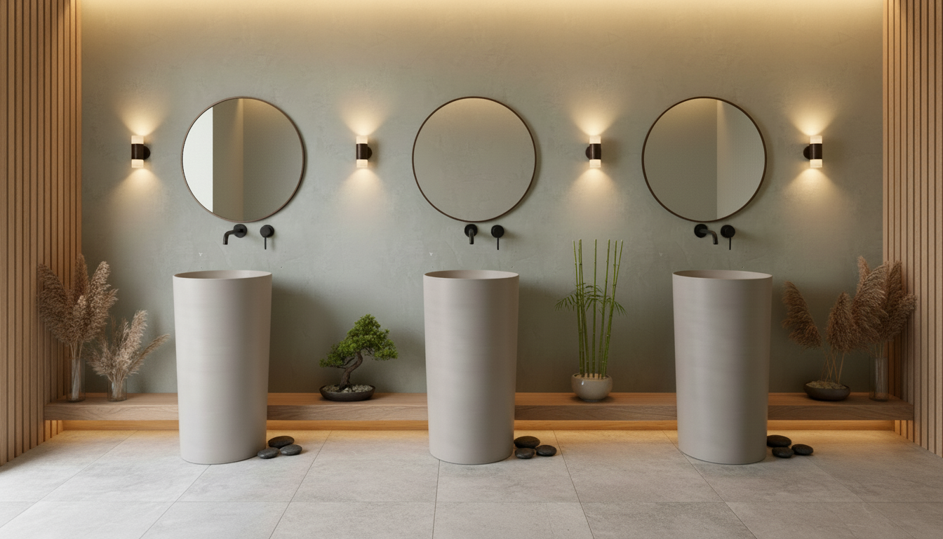 3 concrete pedestal sinks shown in a series in a modern wabi sabi spa bathroom