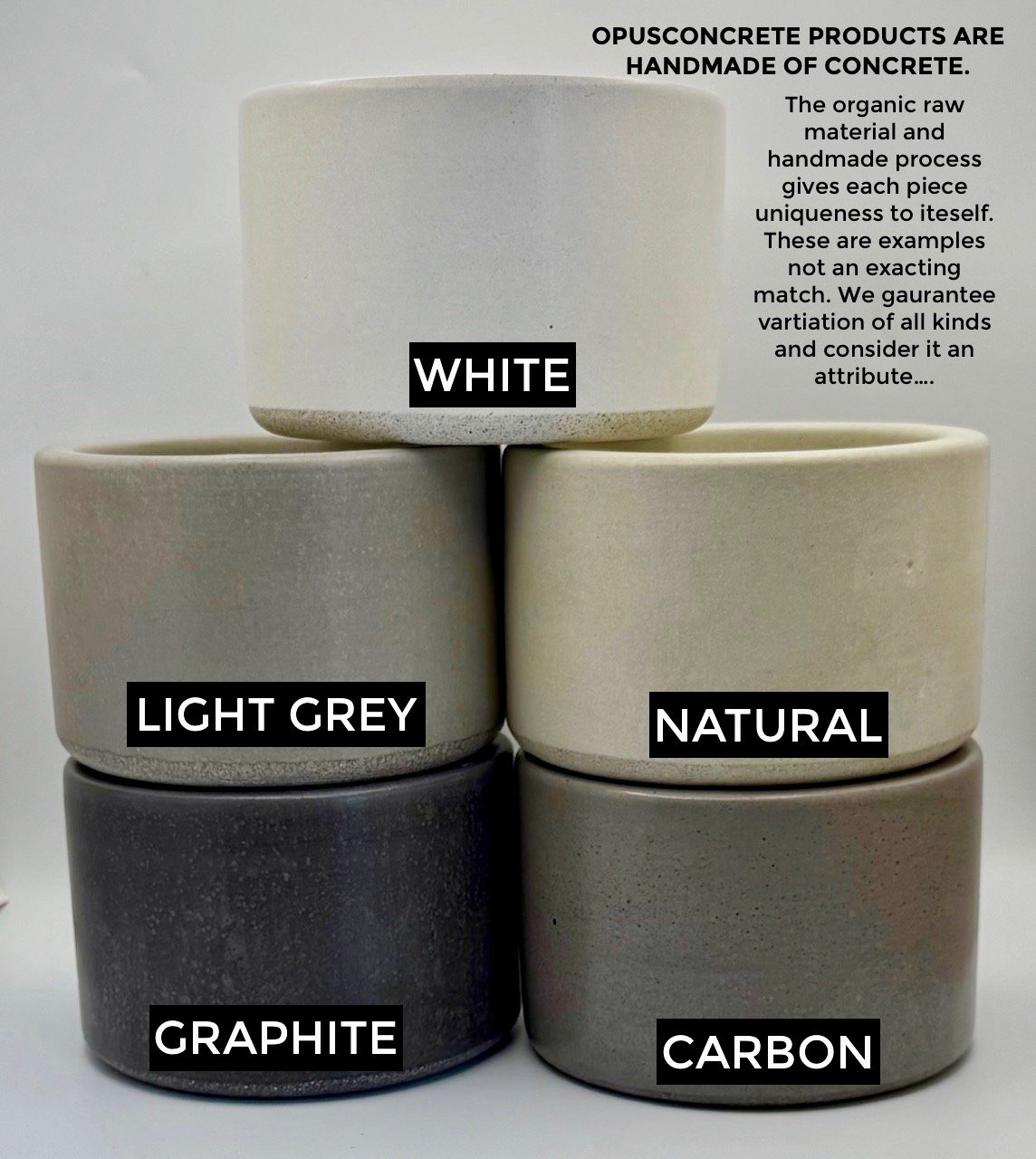 Concrete sink color options, five available finishes including beige, grey, and custom handcast tones