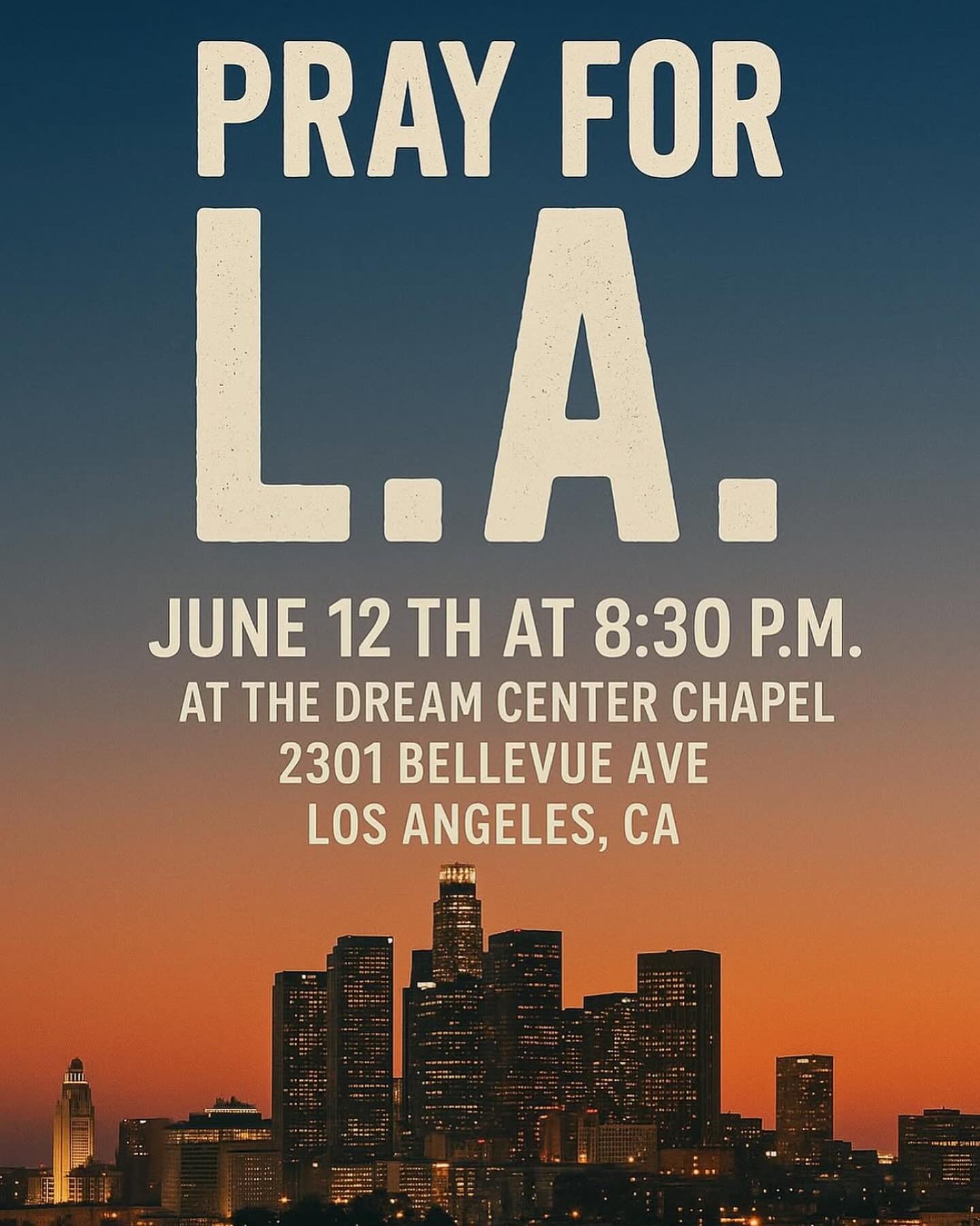 Pray for LA // Tonight at 8:30pm @ The Dream Center

In a time when chaos and confusion swirl through our city, the Church has an opportunity to respond&mdash;

Join believers from across LA tonight at the historic Dream Center to lift up our city in