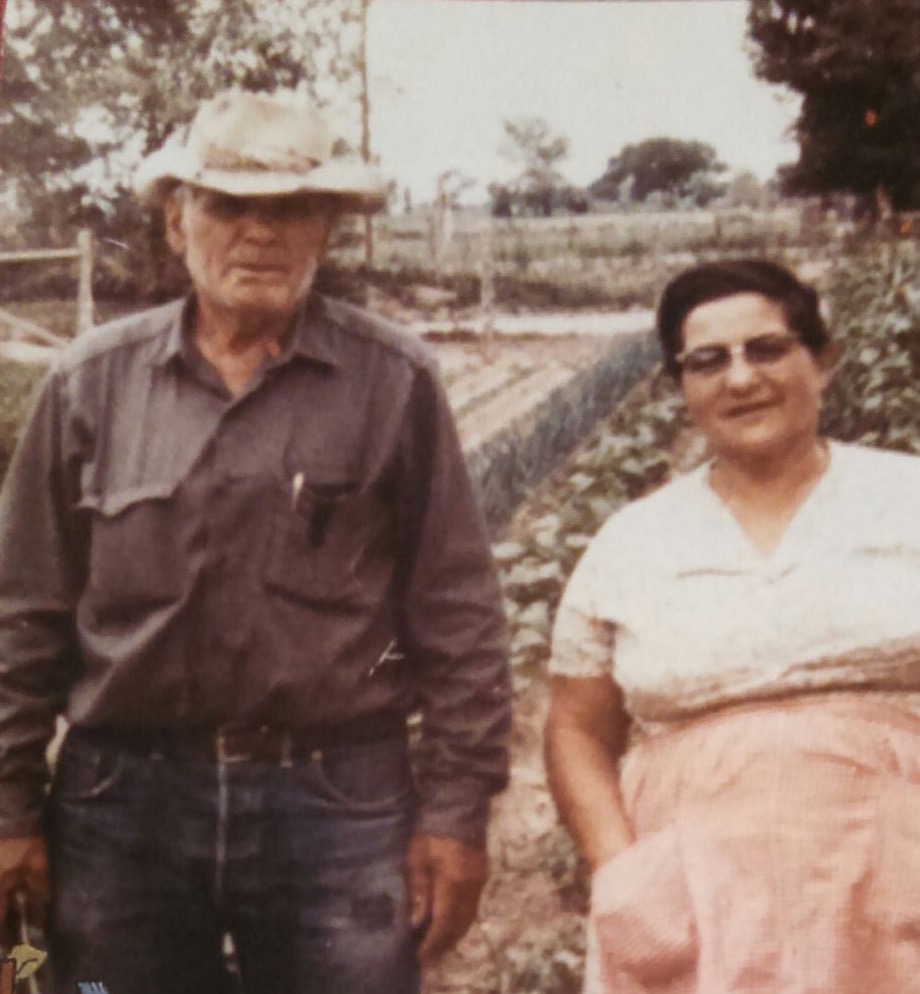 Jerry Otero's Grandpa Maxmilliano and Grandma Shone in their garden in Fruita, co