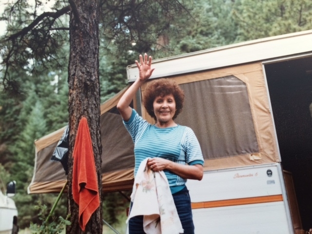 Steve's Mom Jenny Peru in front of the new family camper