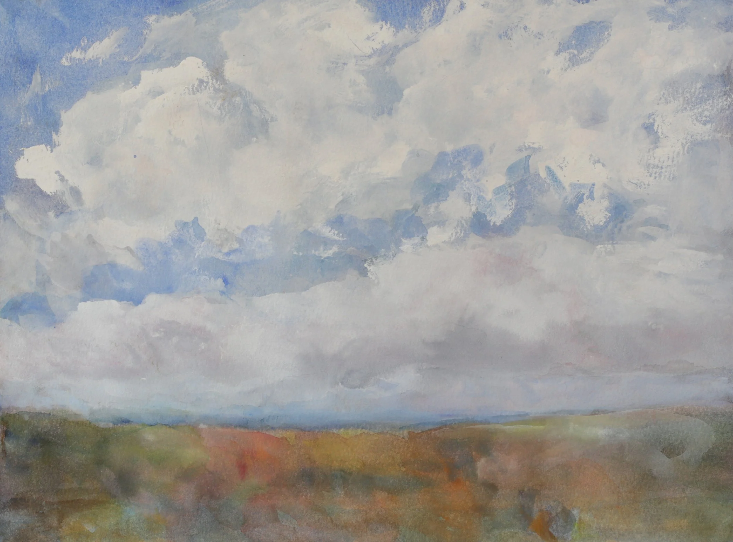 A painting of a landscape with a cloudy sky, grassy land, and distant trees.