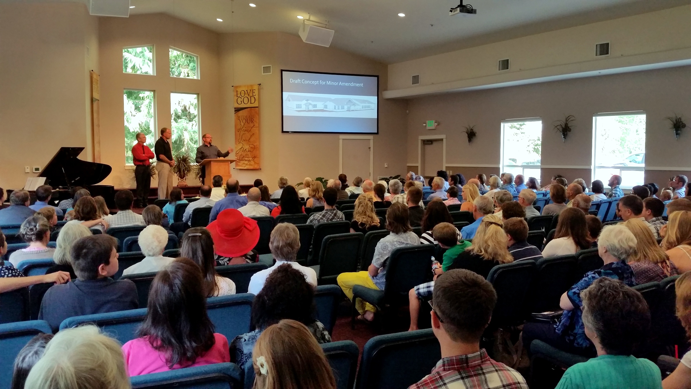 Here is a photo of our August 2, 2015 Sunday morning service. Our mid-summer full house confirmed the value of expanding the facility before our building committee could even give their presentation!