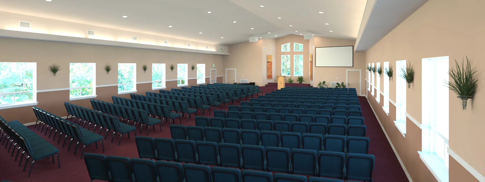 Artist's digital rendering of the extended auditorium, seating and extra windows. It currently only has 4 windows per side. (Image by Josh Suko)