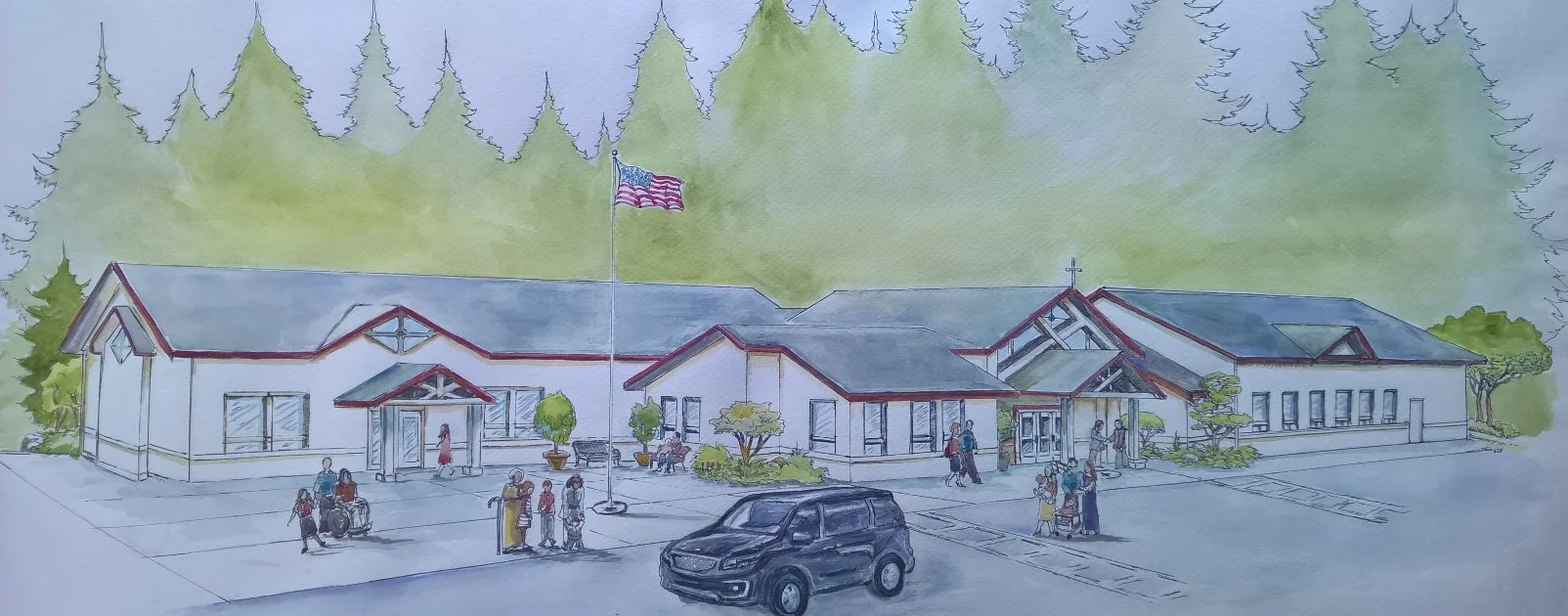 Watercolor painting of proposed new facilities by Adria Hanson.