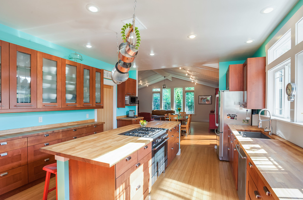New kitchen addition has plenty of counterspace with bamboo floors and wood counters
