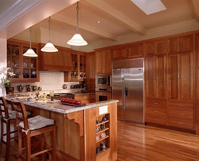 Mill Valley, Ca. Cherry Kitchen I did 15 years ago still looks great for a Victorian Style House. My signature shelf across the back of the stove keeps clutter off the counters.