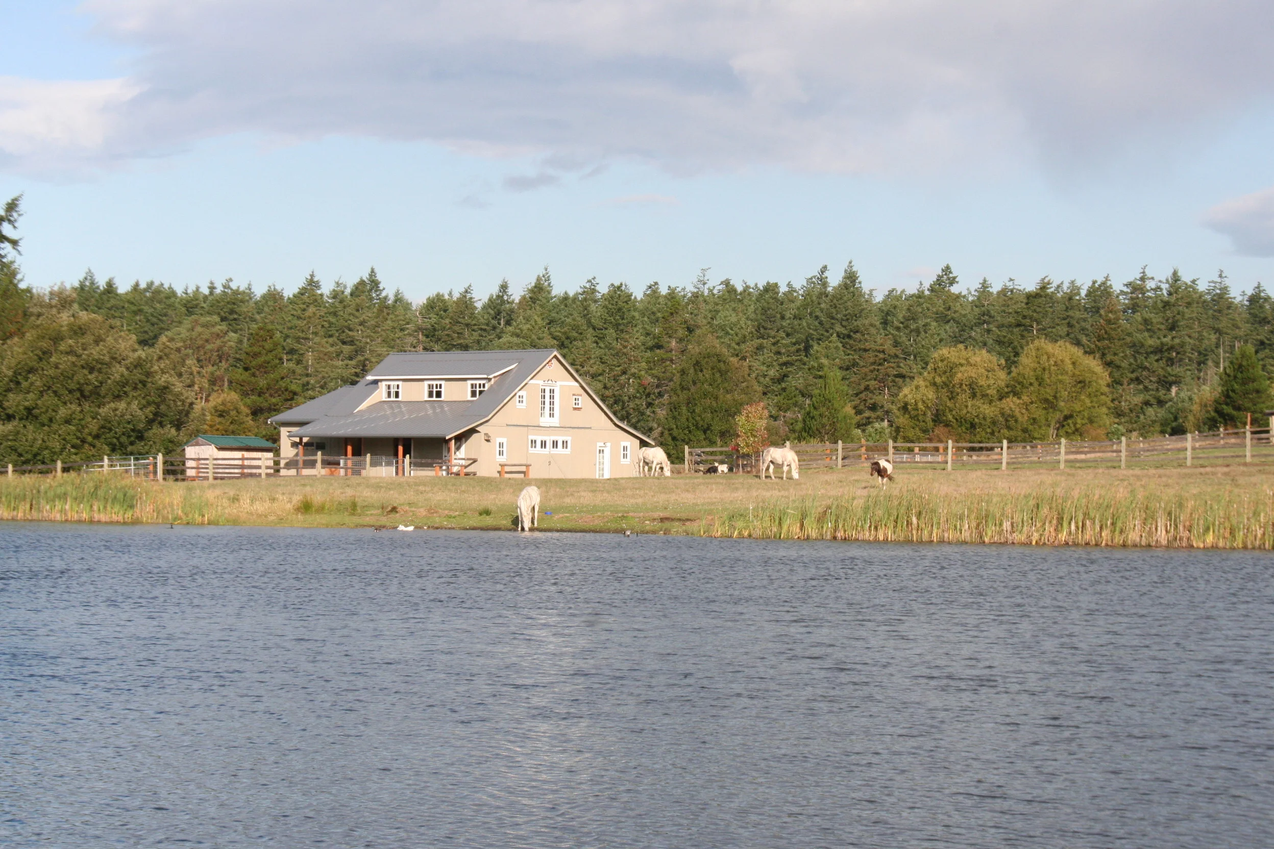 Here is a barn that I designed on San Juan Island, WA. It is actually a "Pole Barn", in that it does not have a foundation- just poles that were inserted into 6 foot deep holes with concrete poured around them. The second floor had a space for a living area. The three white horses and one paint pony loved living there!