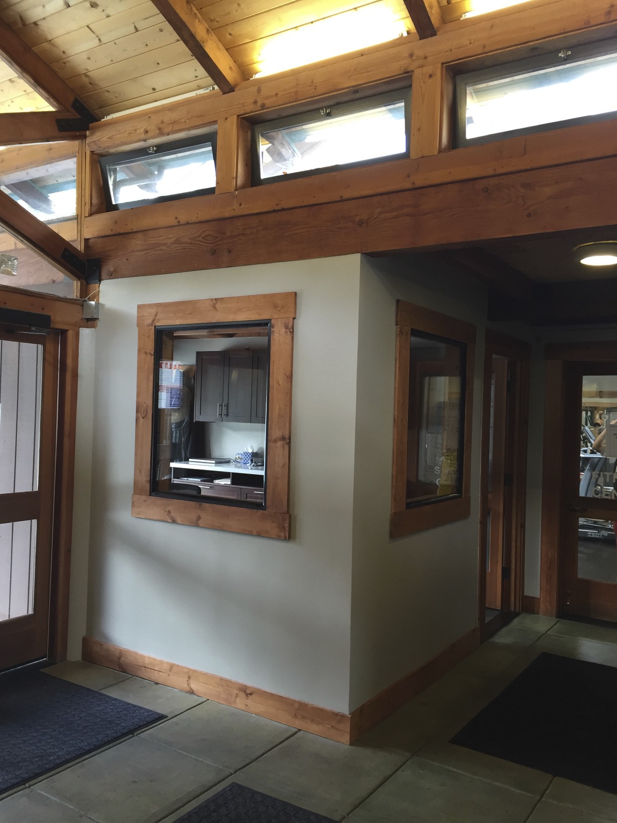 Transformation into new staff office- still can see members coming in and out, but needed privacy for phone conversations is now available. New Counters for desks beyond are Quartz.