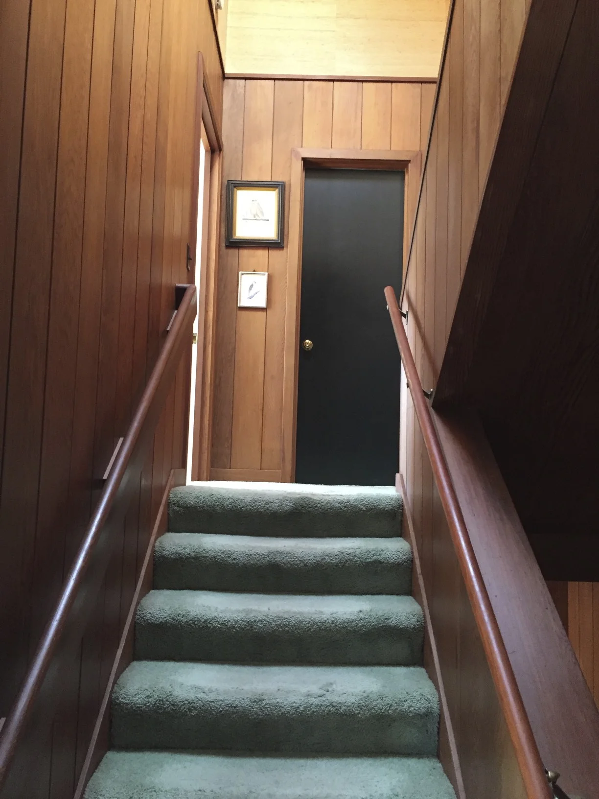 The Green carpeting had to go for sure,, but removing the solid guardrails (even thought they were in REDWOOD, opened up the space.