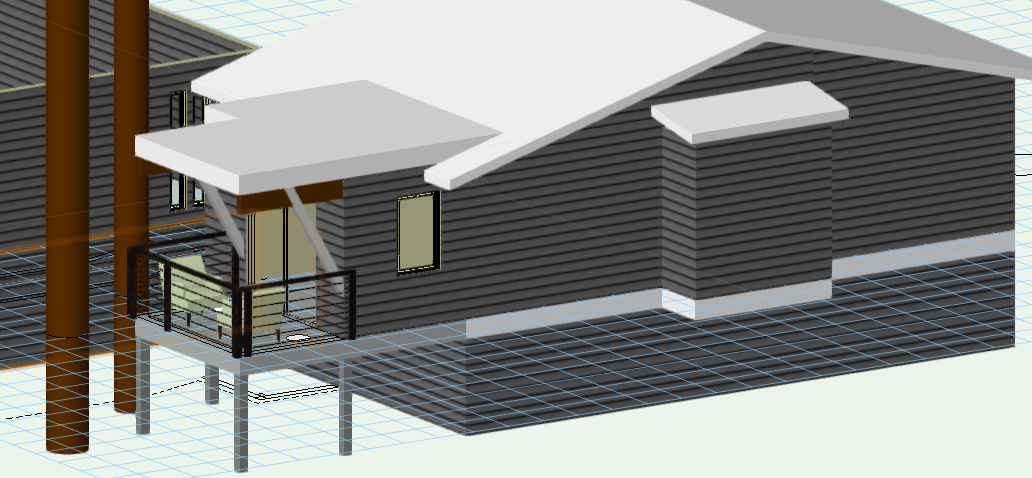 Here is a shot of the model from the side of the house. There are existing huge fir trees that tower.