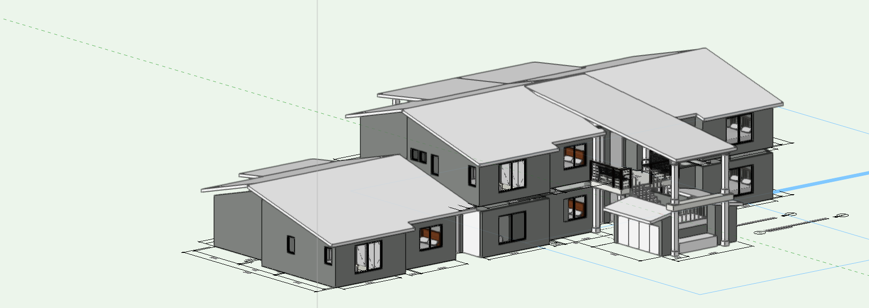 Here is another version for the Entry Stair Roof that is a shed roof- this time I turned off the Google Earth layer, to study the model better. Increased the roof slope in this model.