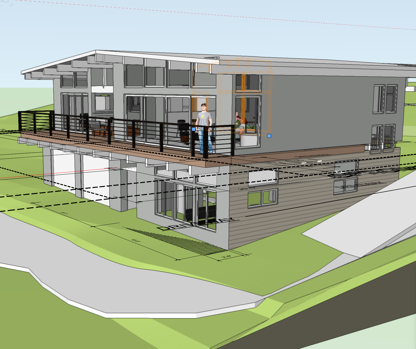 Streetside view of the front of the house model shows the beginning stages of figuring out the driveway cut intotthte uphill slope