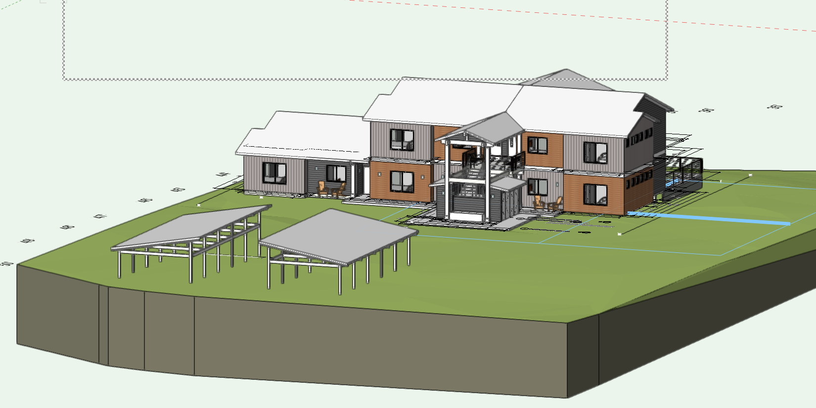 The entry from the street will have covered parking sheds and then there will be a turn-around at the main entry.