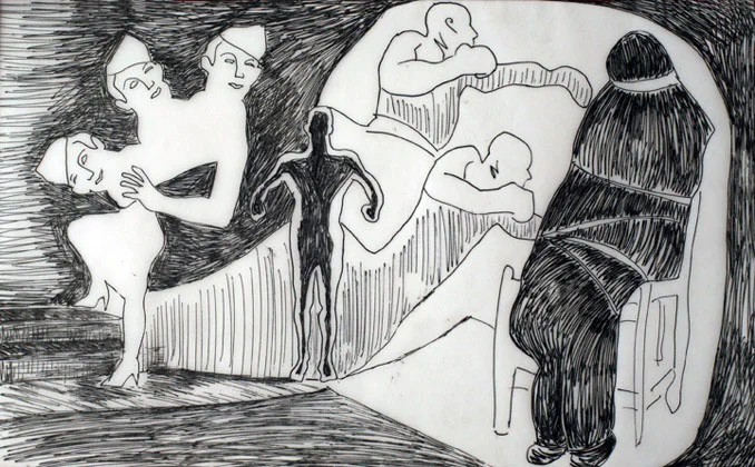 Untitled, from the series "Brief Commentaries". Ink on translucent Vellum paper, 8 x 13 in., 2004.