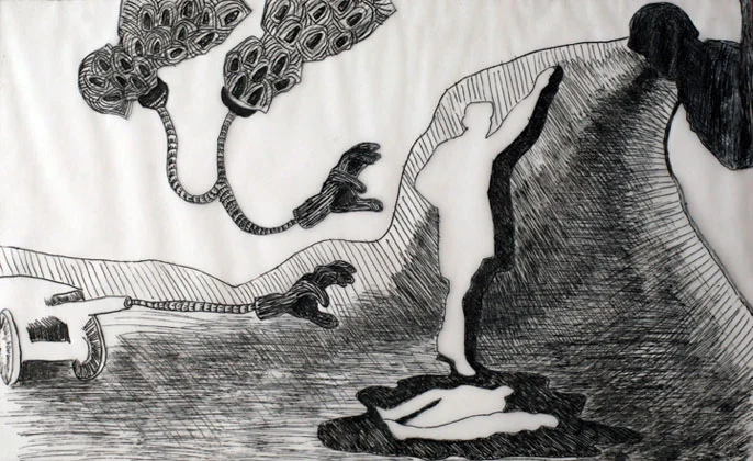Untitled, from the series "Brief Commentaries". Ink on translucent Vellum paper, 8 x 13 in., 2004.
