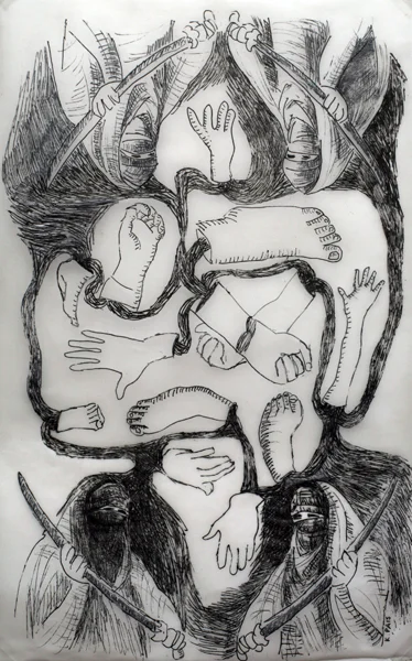 Untitled, from the series "Brief Commentaries". Ink on translucent Vellum paper, 13 x 8 in., 2004.