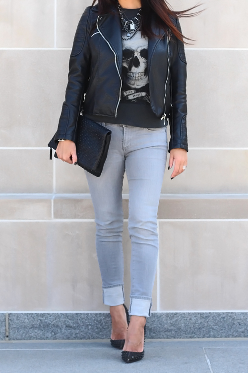 Zara Leather Jacket, Paige Denim Grey Skinny Jeans, Christian Louboutin Studded Pigalle Pumps