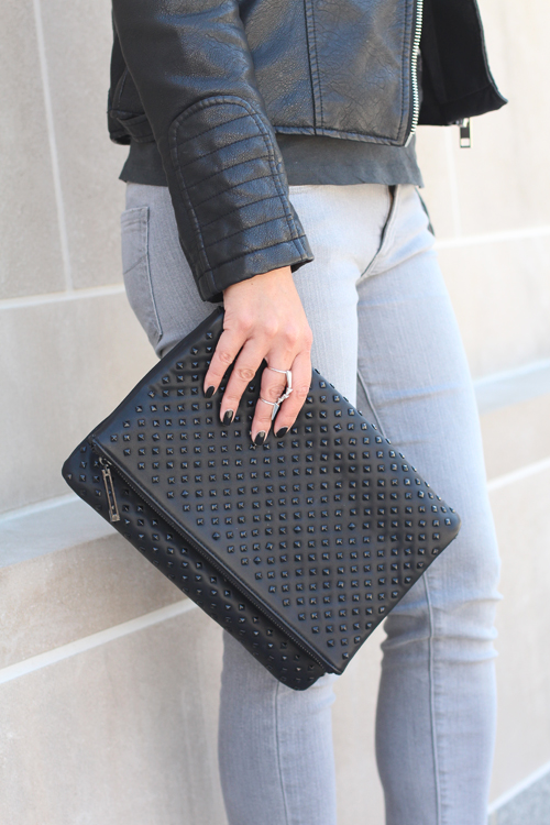 Zara Leather Jacket, Paige Denim Grey Skinny Jeans, Christian Louboutin Studded Pigalle Pumps