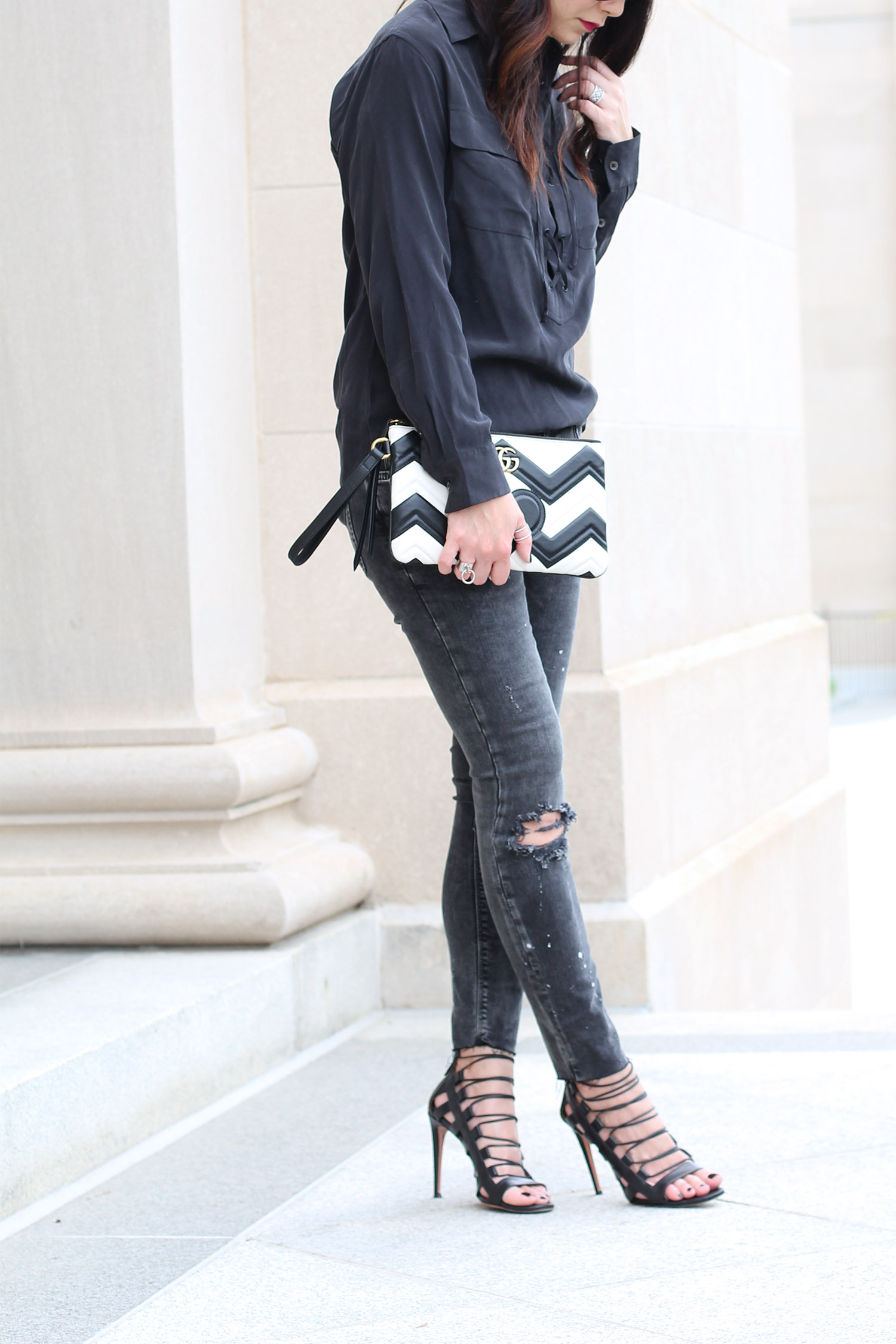 Silk blouse with distressed jeans