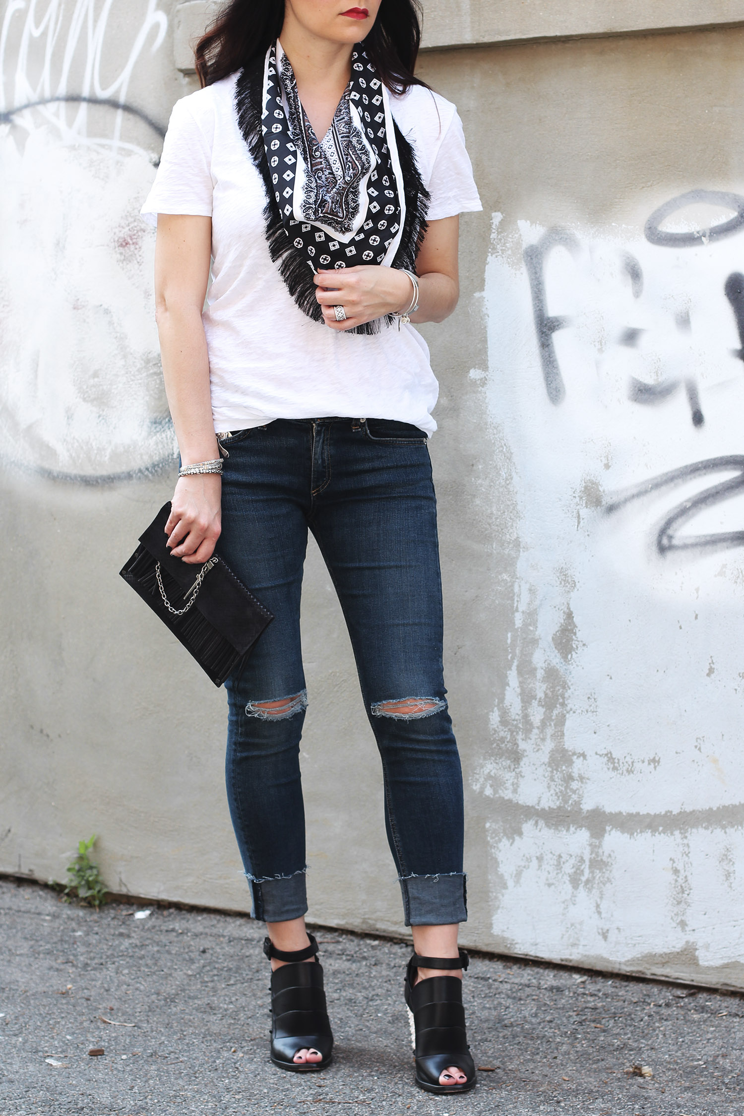 Layered Fringe Neck Scarf, White T-Shirt Style