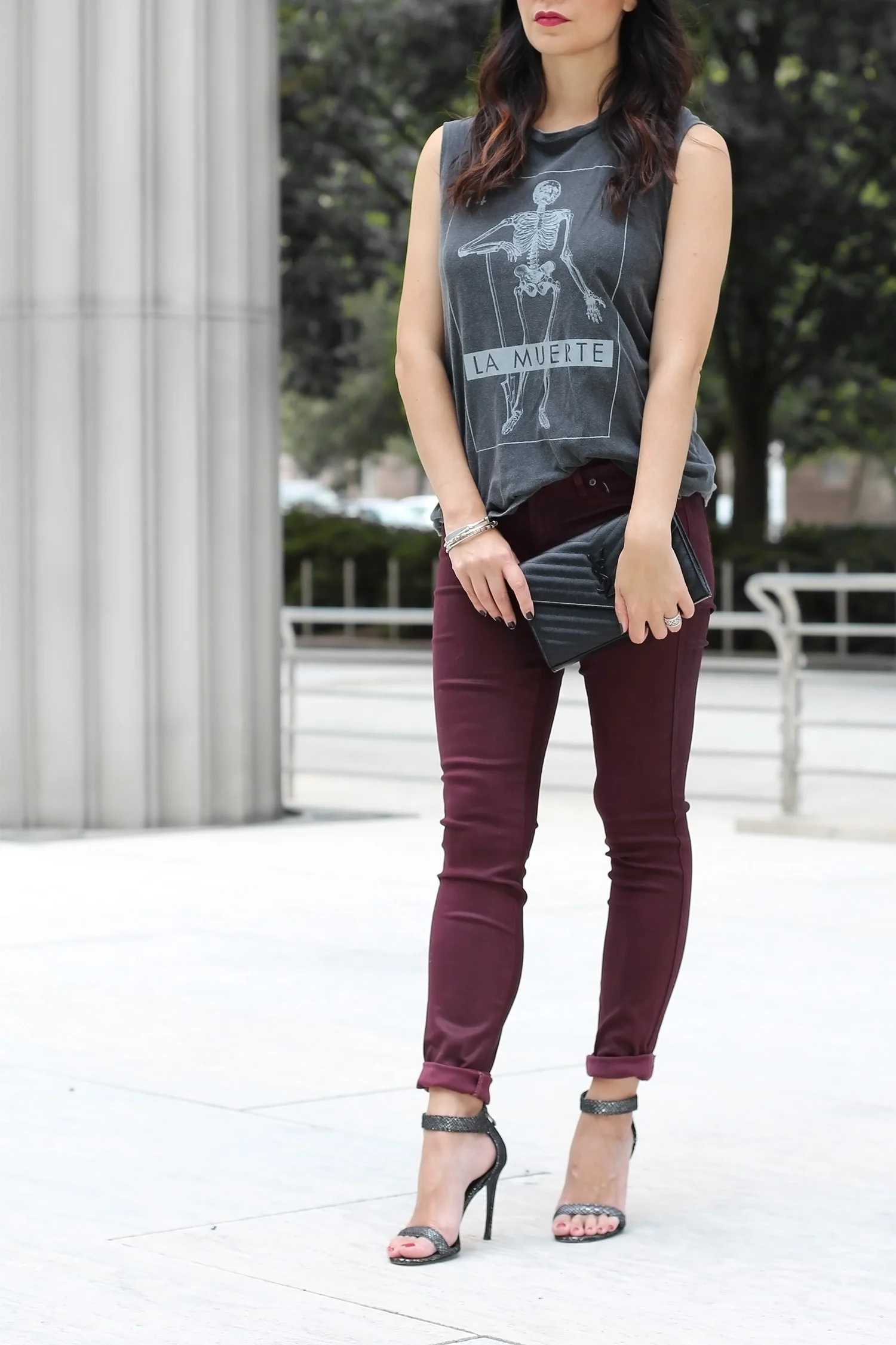 La Muerte Tank, Oxblood Jeans, Metallic Heels
