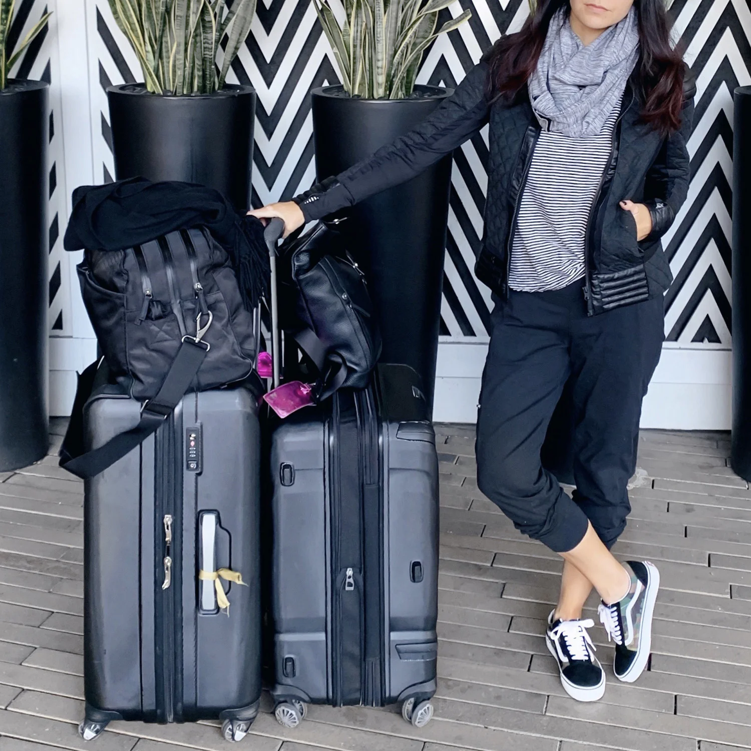 Blanc Noir Hooded Moto Jacket | Lululemon Scarf | Old Navy Tee | Athleta Metro Joggers | Vans Classic Sneakers