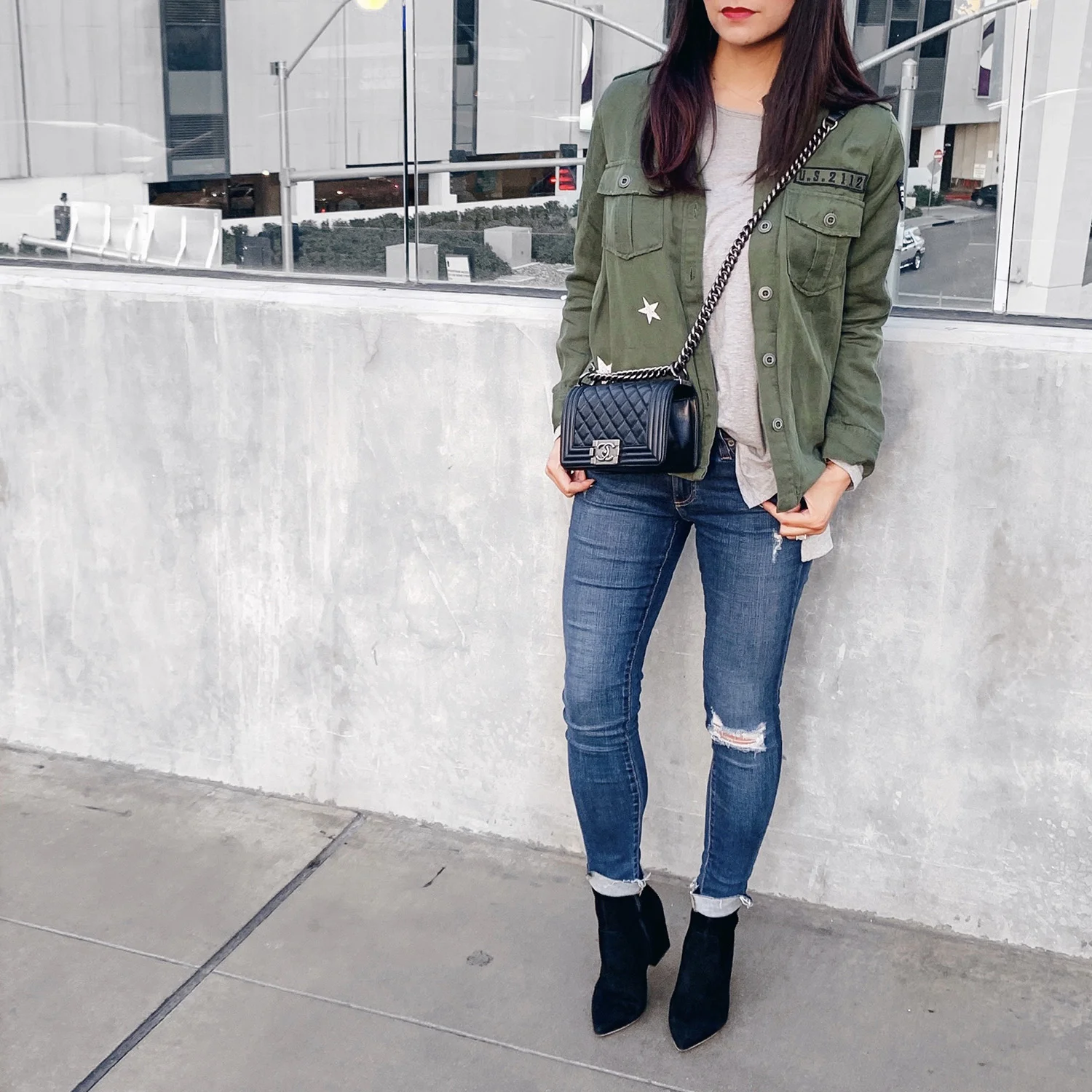 Rails Military Shirt | Grey T-Shirt | AG Jeans { similar } | Loeffer Randal Isla Boots | Chanel Boy Bag
